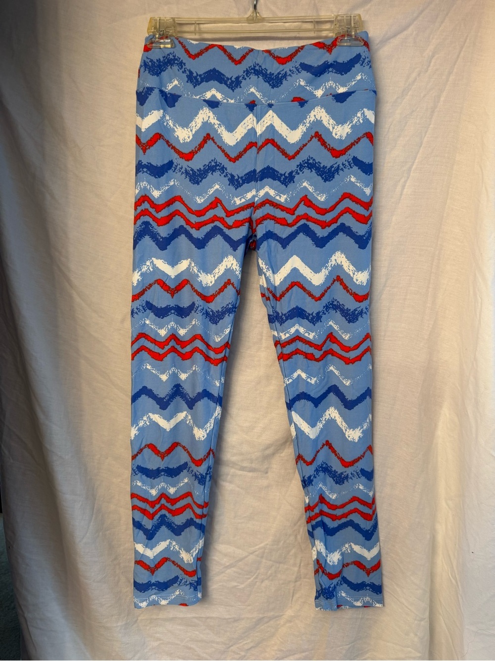LuLaRoe one size Chevron Leggings in Blue, Red & White